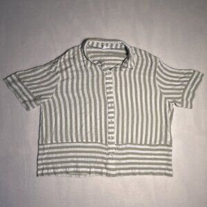 Jane + Delancey Blouse Women's XL Green White Button Up Short Sleeve Collared